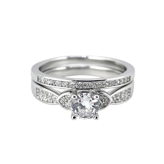 CZ Stone Round Bridal Set Band Ring Sterling Silver