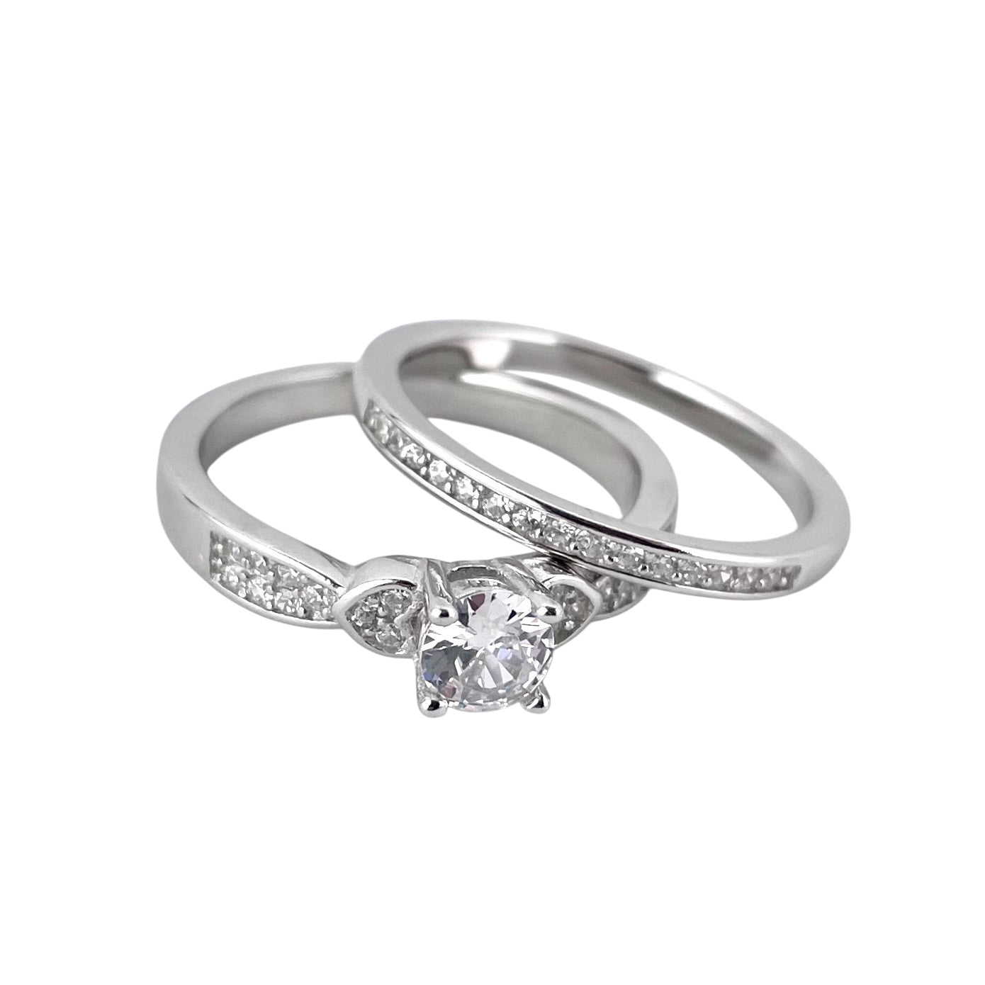 CZ Stone Round Bridal Set Band Ring Sterling Silver
