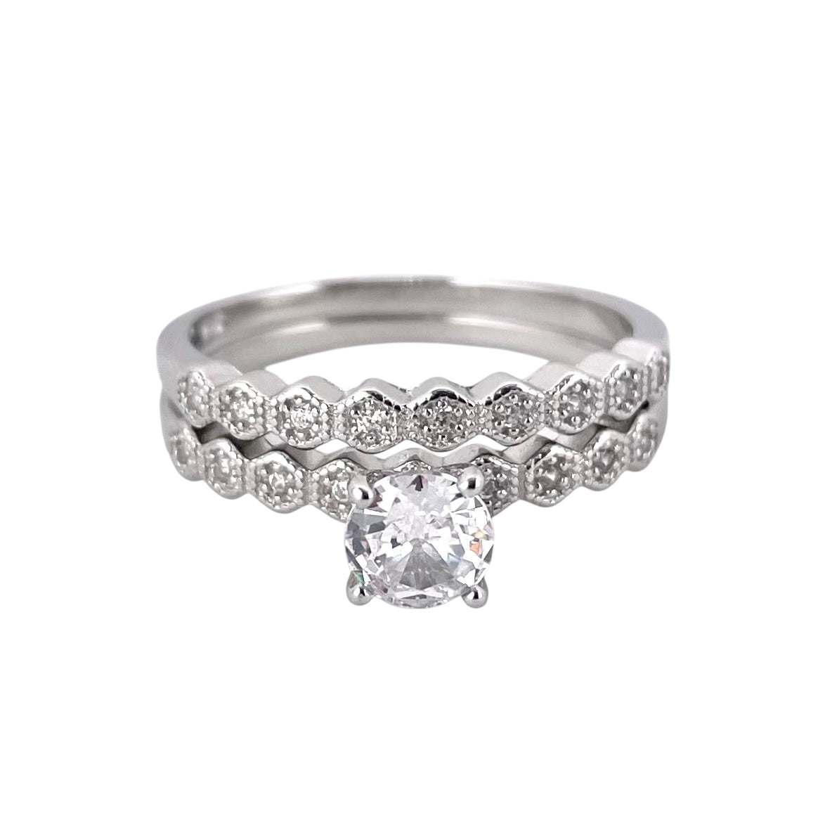 CZ Stone Round Bridal Set Band Ring Sterling Silver