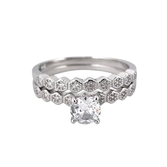 CZ Stone Round Bridal Set Band Ring Sterling Silver