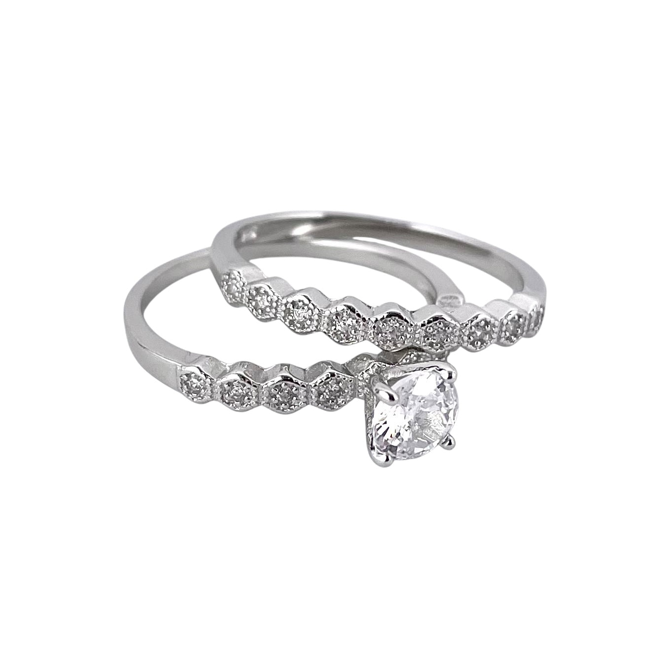 CZ Stone Round Bridal Set Band Ring Sterling Silver