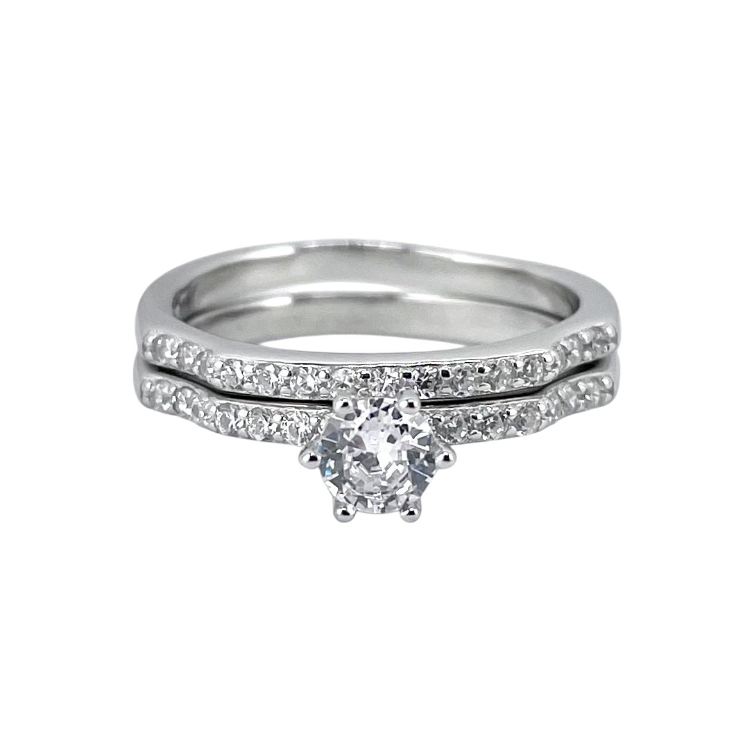 CZ Stone Round Bridal Set Band Ring Sterling Silver