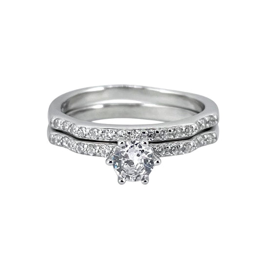 CZ Stone Round Bridal Set Band Ring Sterling Silver
