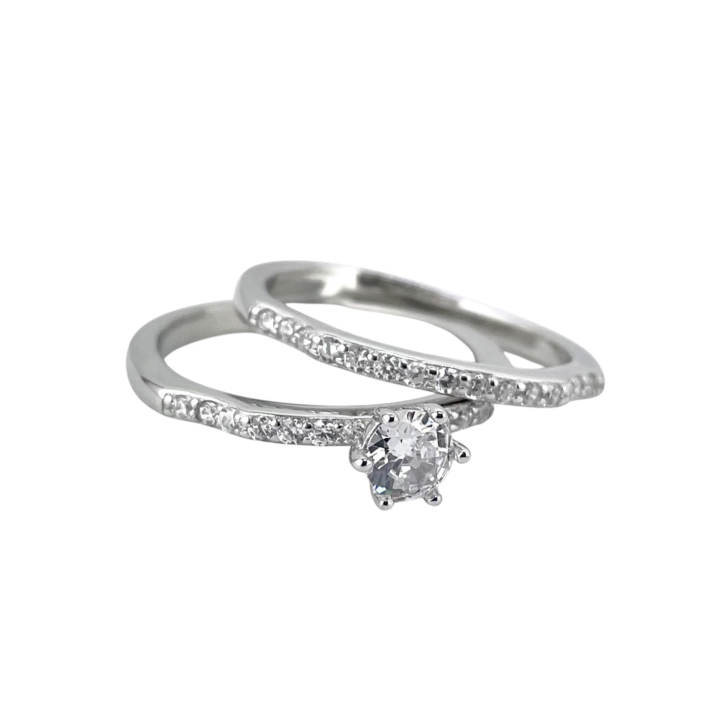 CZ Stone Round Bridal Set Band Ring Sterling Silver