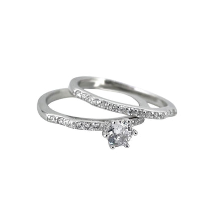 CZ Stone Round Bridal Set Band Ring Sterling Silver