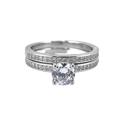 CZ Stone Round Bridal Set Band Ring Sterling Silver