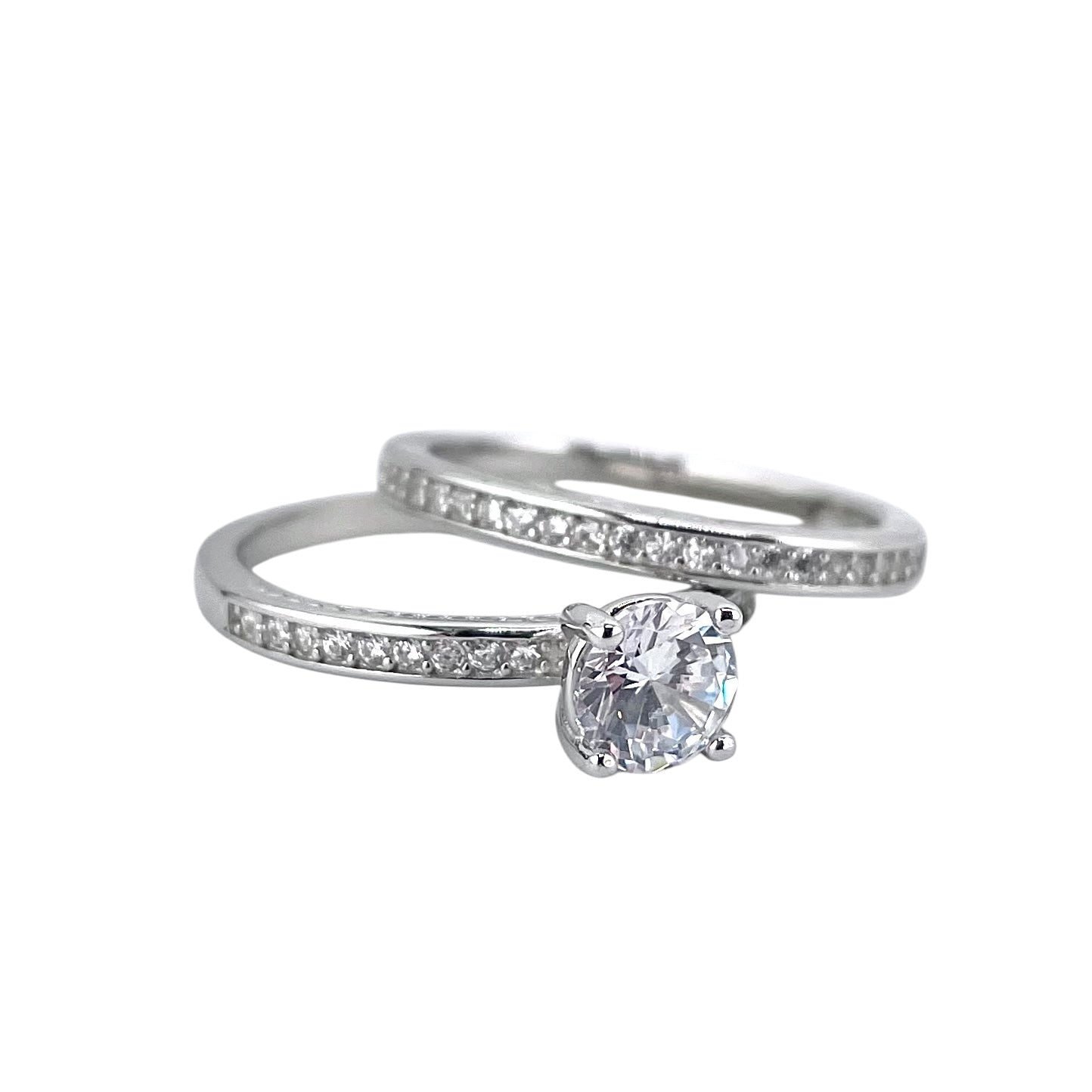 CZ Stone Round Bridal Set Band Ring Sterling Silver