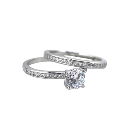 CZ Stone Round Bridal Set Band Ring Sterling Silver