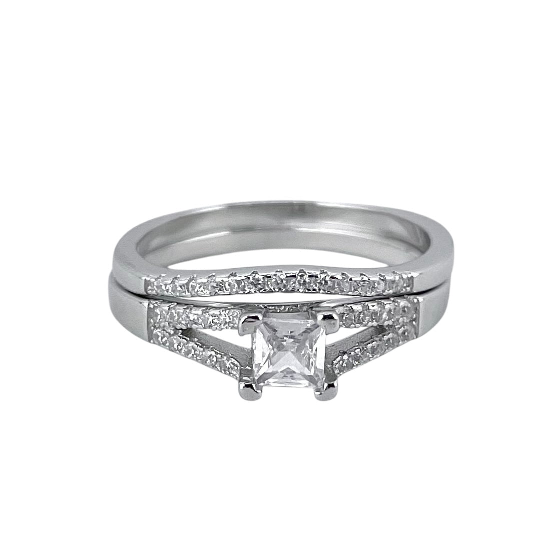 CZ Stone Princess Cut Bridal Set Band Ring Sterling Silver