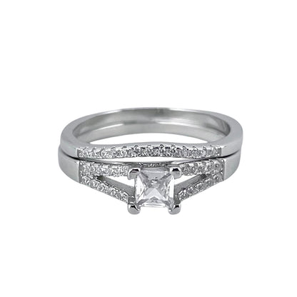 CZ Stone Princess Cut Bridal Set Band Ring Sterling Silver