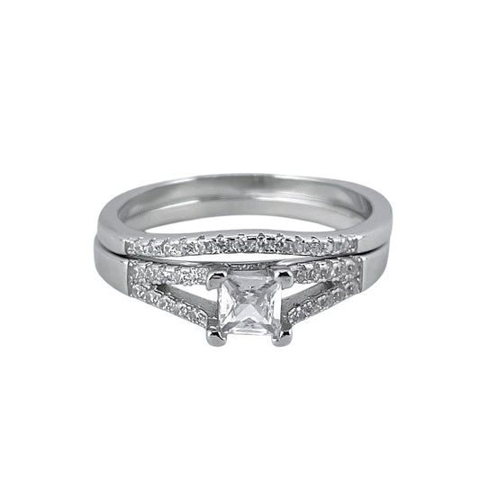 CZ Stone Princess Cut Bridal Set Band Ring Sterling Silver