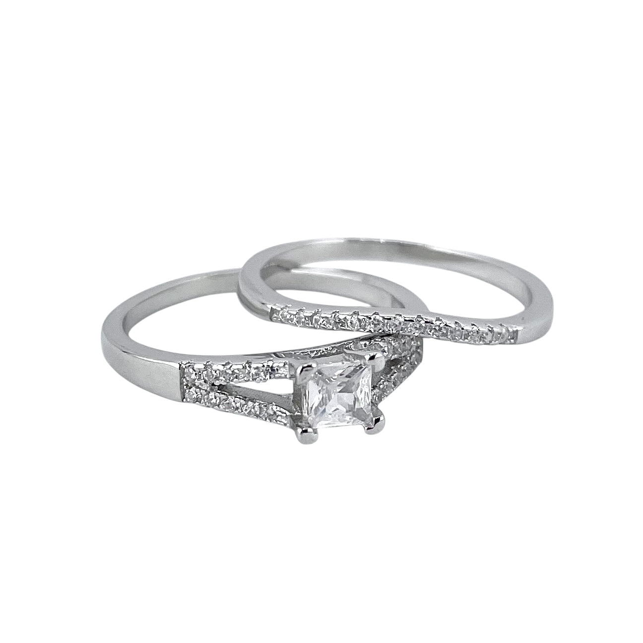 CZ Stone Princess Cut Bridal Set Band Ring Sterling Silver