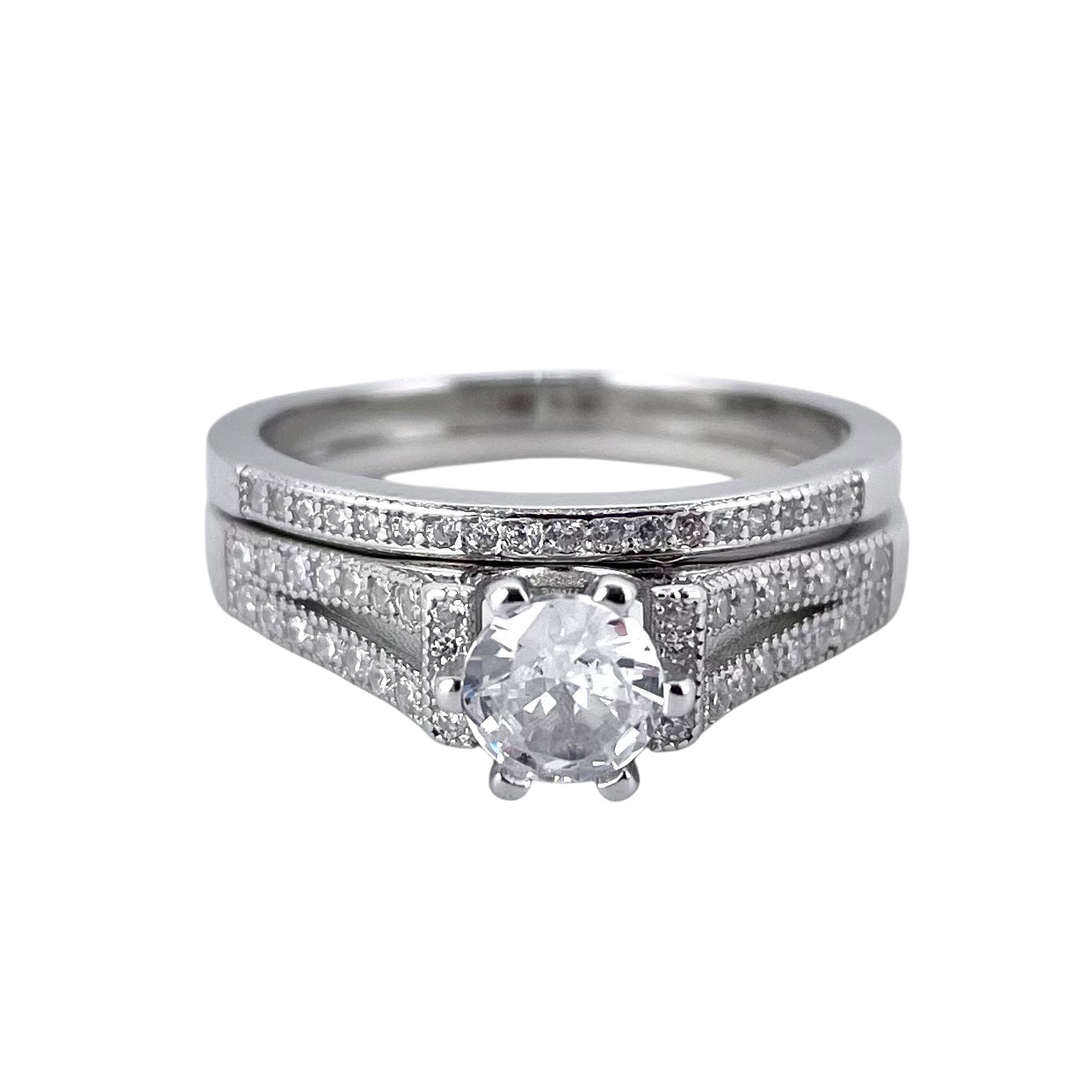 CZ Stone Round Bridal Set Band Ring Sterling Silver
