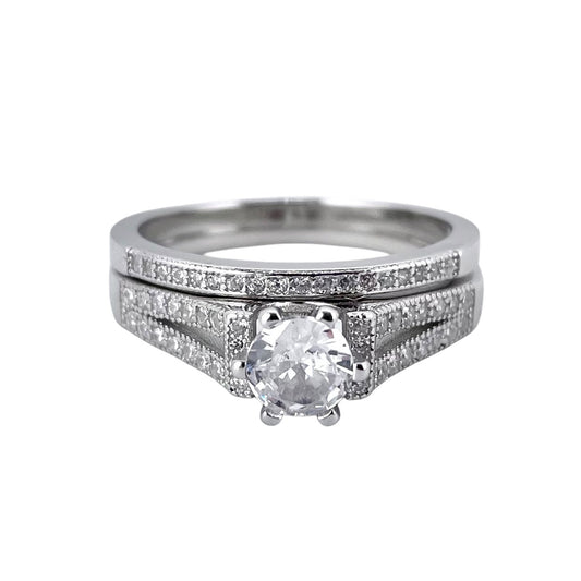 CZ Stone Round Bridal Set Band Ring Sterling Silver