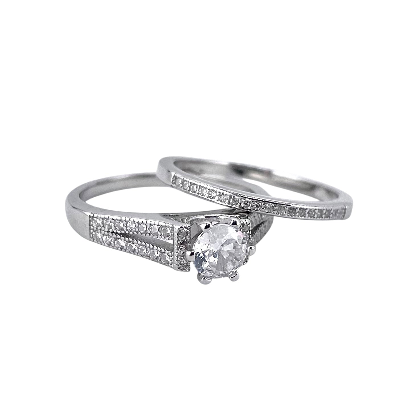 CZ Stone Round Bridal Set Band Ring Sterling Silver