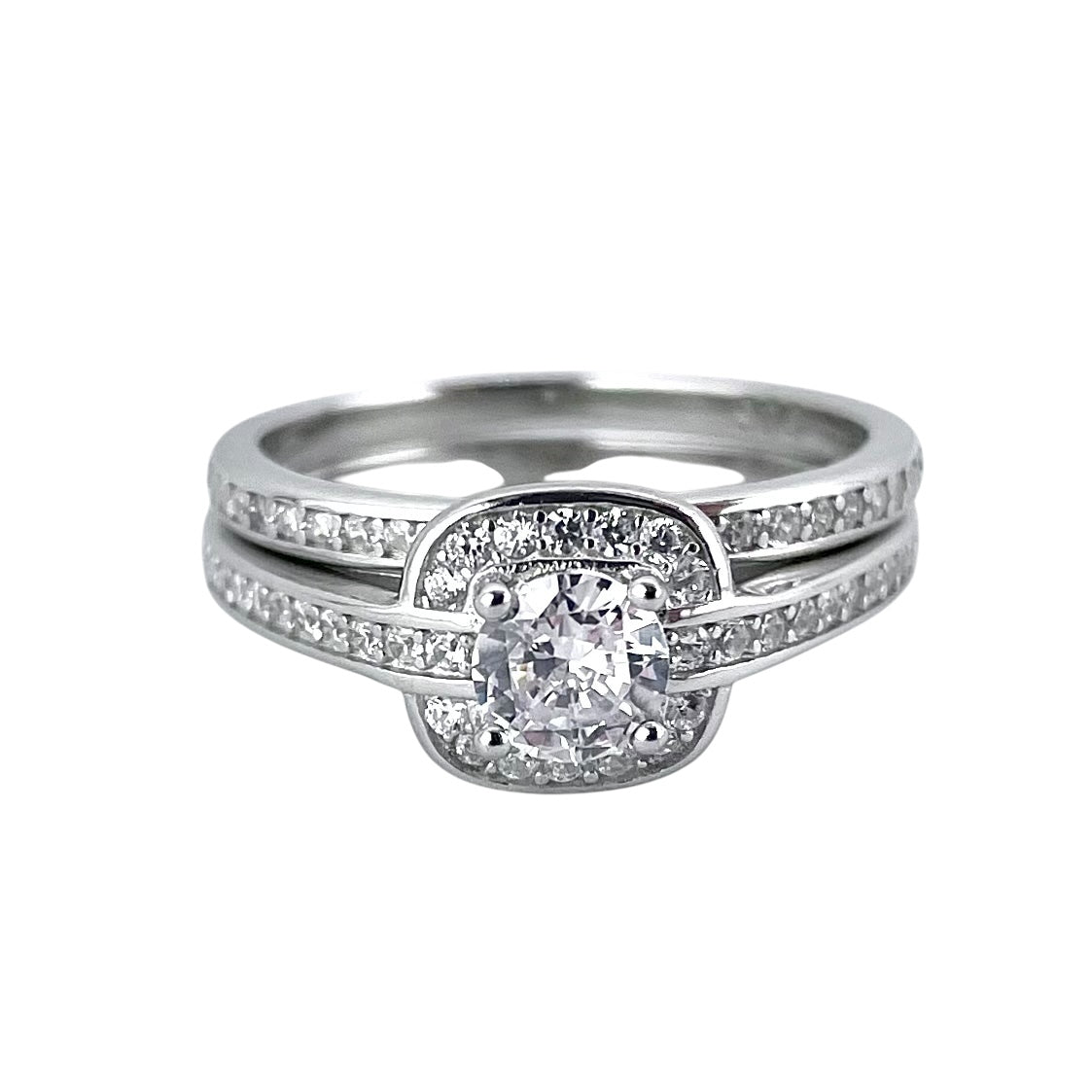 CZ Stone Round Bridal Set Band Ring Sterling Silver
