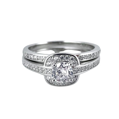 CZ Stone Round Bridal Set Band Ring Sterling Silver