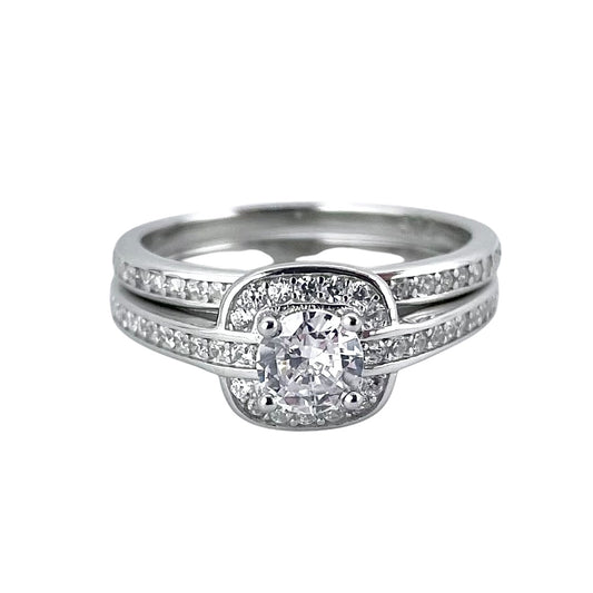 CZ Stone Round Bridal Set Band Ring Sterling Silver