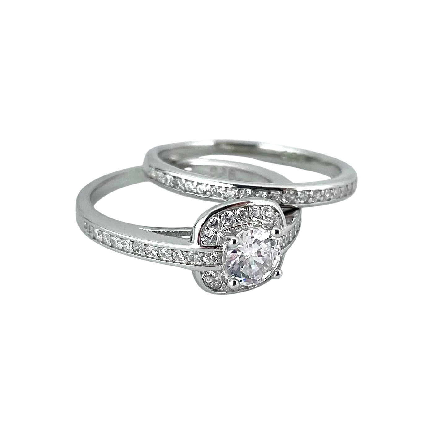 CZ Stone Round Bridal Set Band Ring Sterling Silver