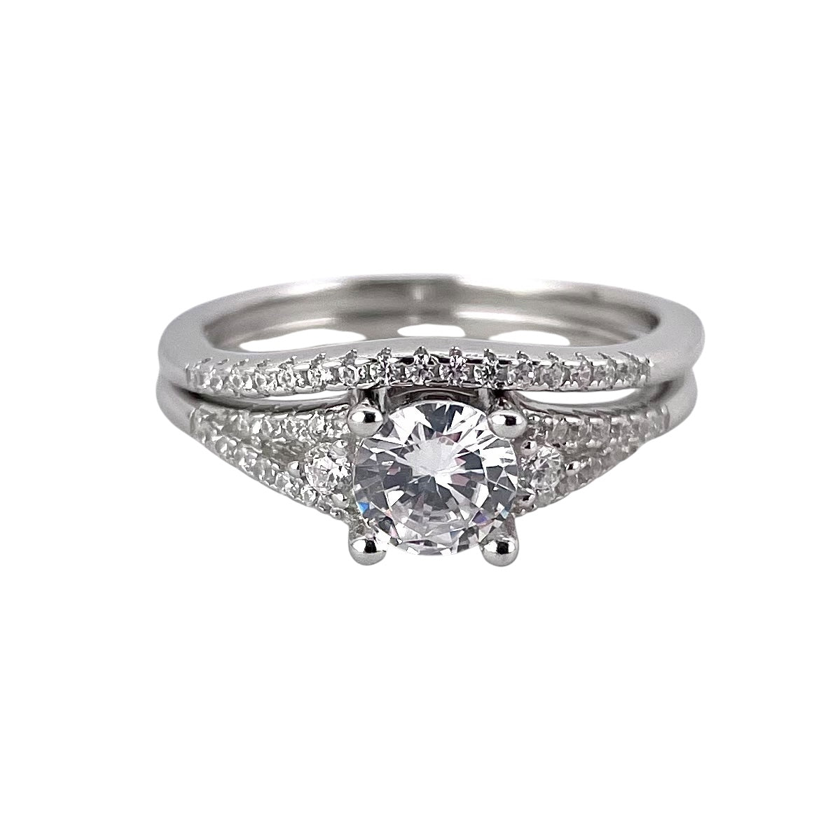CZ Stone Round Bridal Set Band Ring Sterling Silver