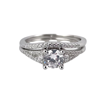 CZ Stone Round Bridal Set Band Ring Sterling Silver