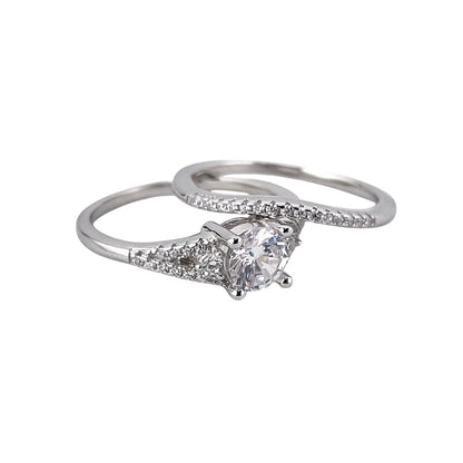 CZ Stone Round Bridal Set Band Ring Sterling Silver