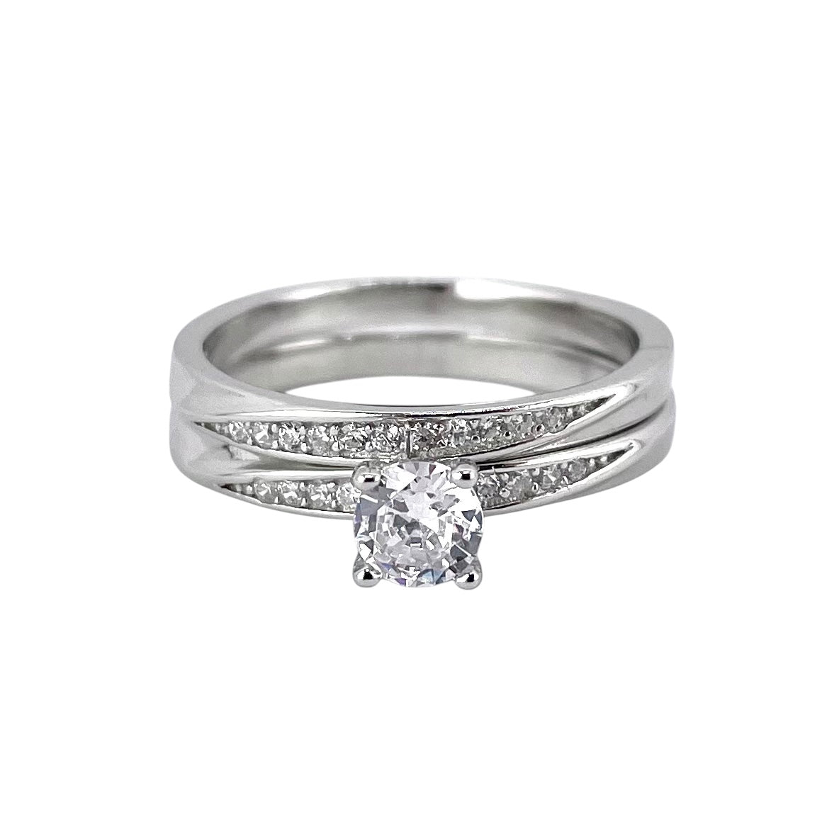 CZ Stone Round Bridal Set Band Ring Sterling Silver