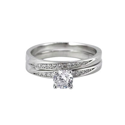 CZ Stone Round Bridal Set Band Ring Sterling Silver