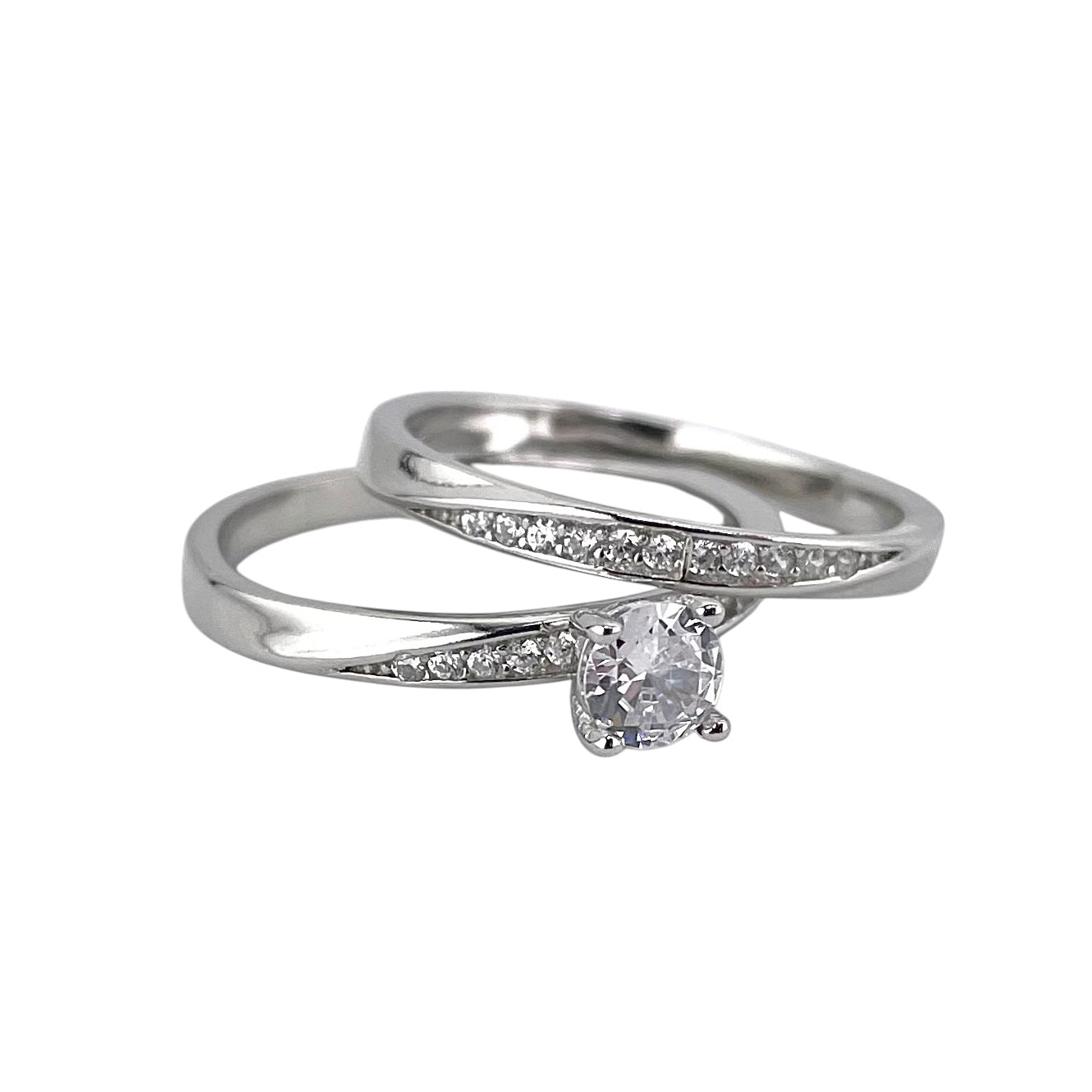 CZ Stone Round Bridal Set Band Ring Sterling Silver