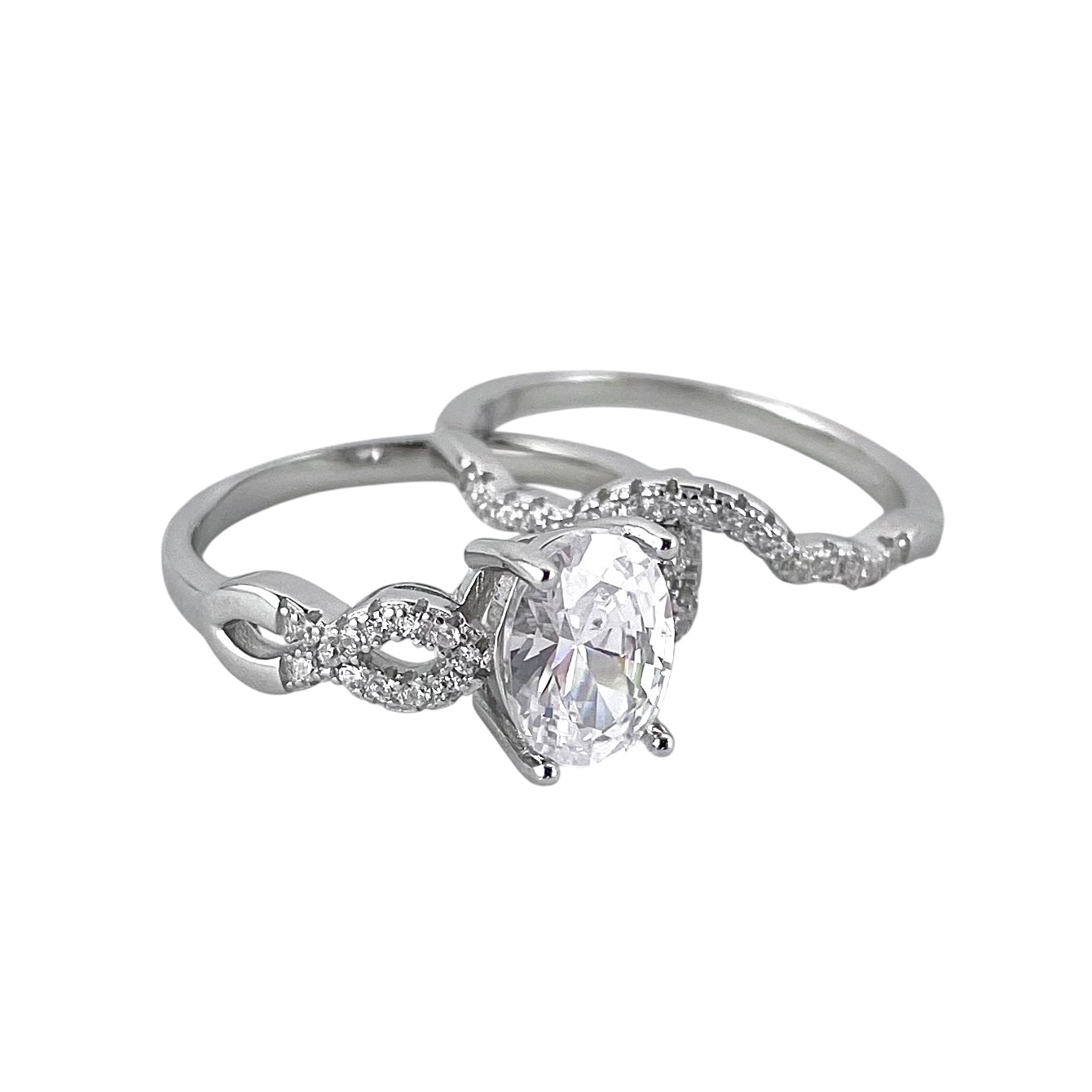 CZ Stone Oval Bridal Set Band Ring Sterling Silver