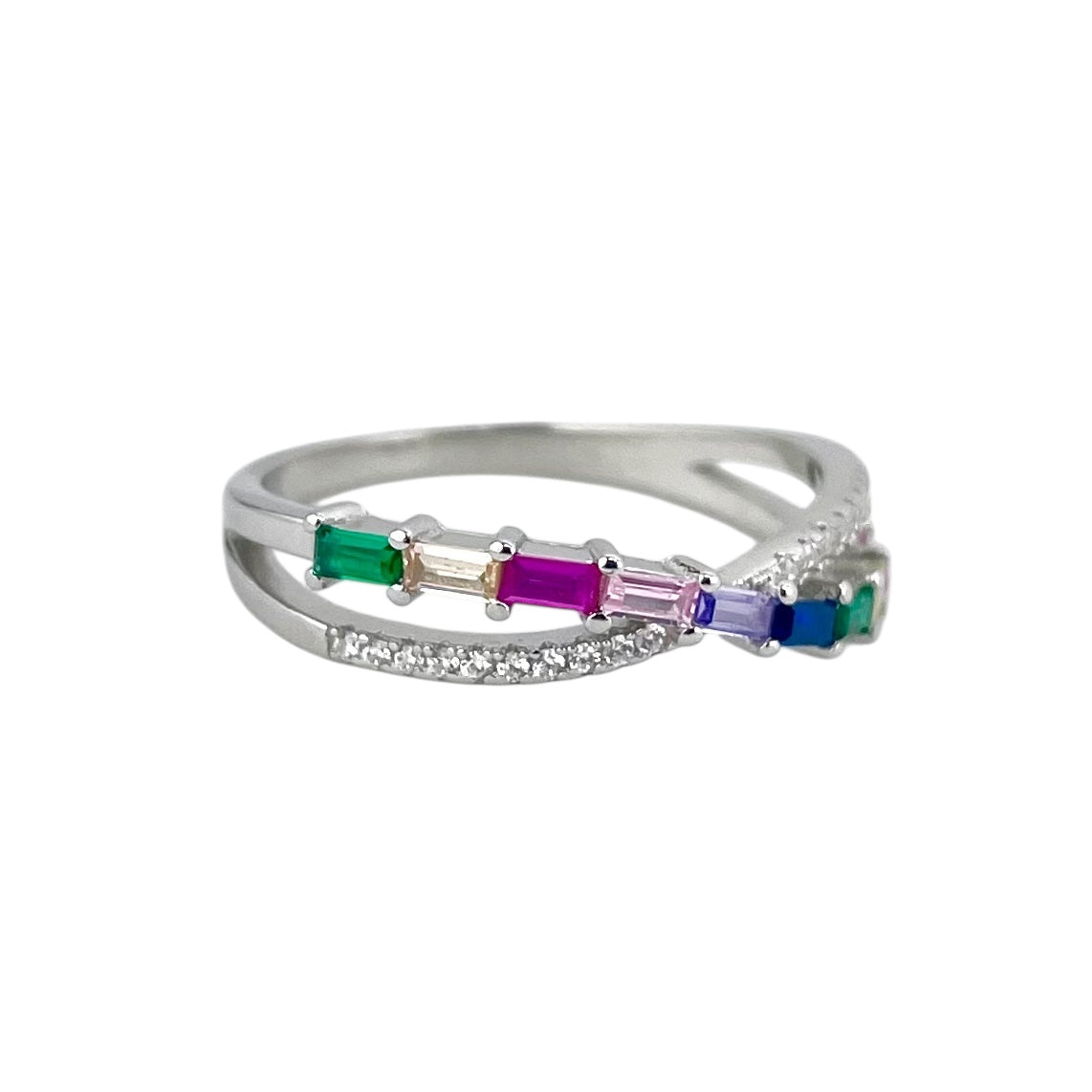 CZ Multi Color Stone Row Ring Sterling Silver