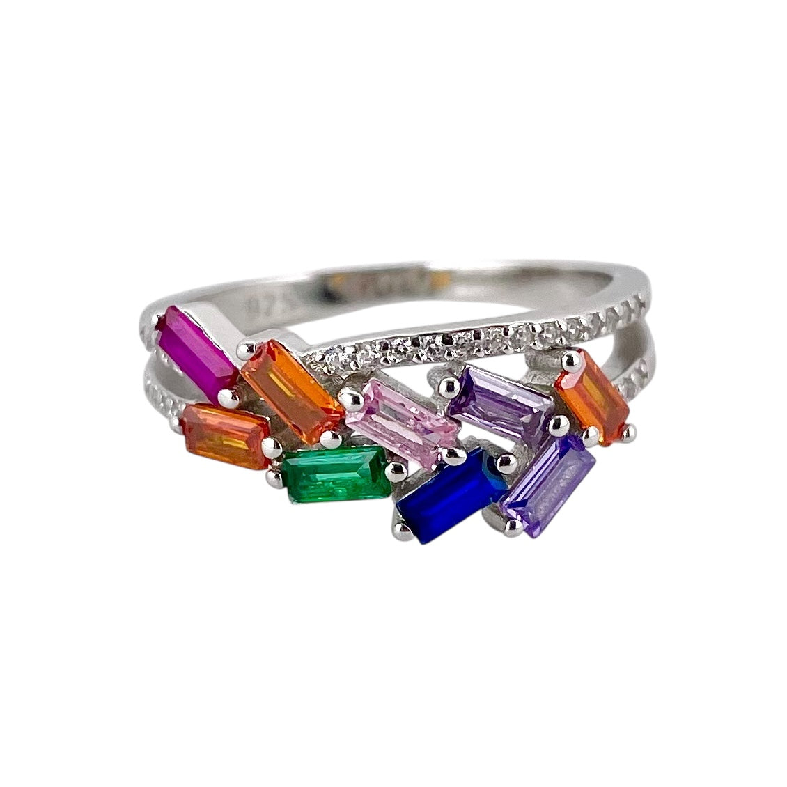 CZ Multi Color Stacked Baguette Stone Ring Sterling Silver
