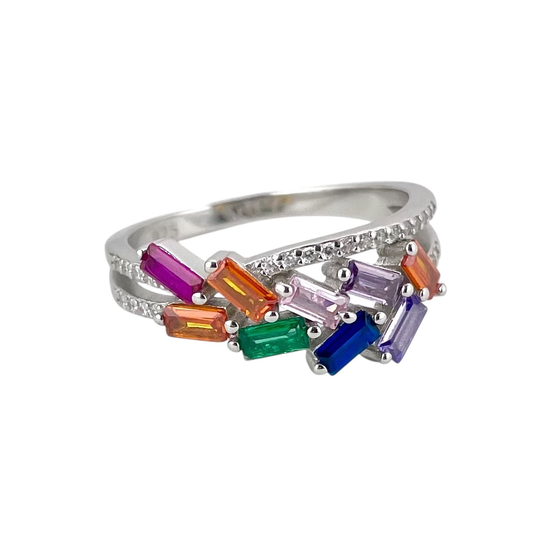 CZ Multi Color Stacked Baguette Stone Ring Sterling Silver