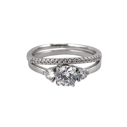 CZ Round Stone Bridal Set Band Ring Sterling Silver