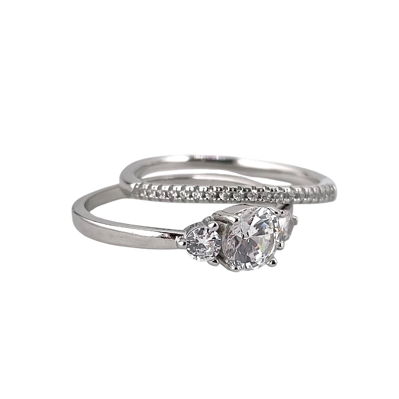CZ Round Stone Bridal Set Band Ring Sterling Silver