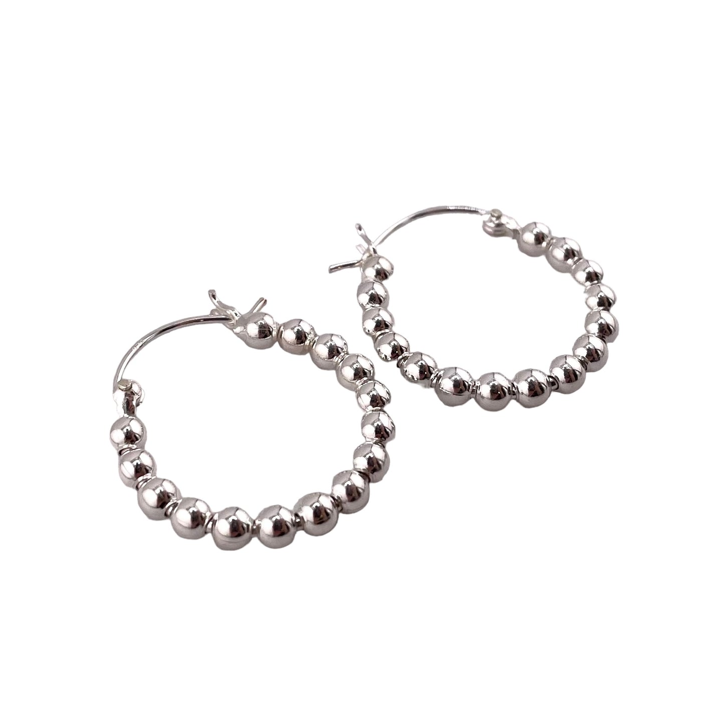 Ball Bead Hinged Hoop Earrings Sterling Silver