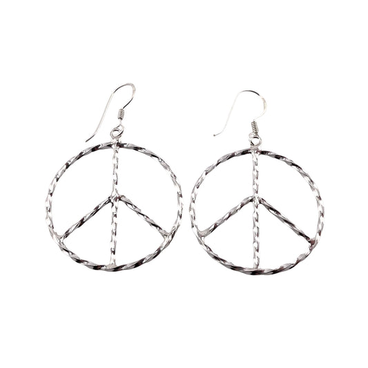 Peace Sign Diamond Cut Dangle Earrings Sterling Silver