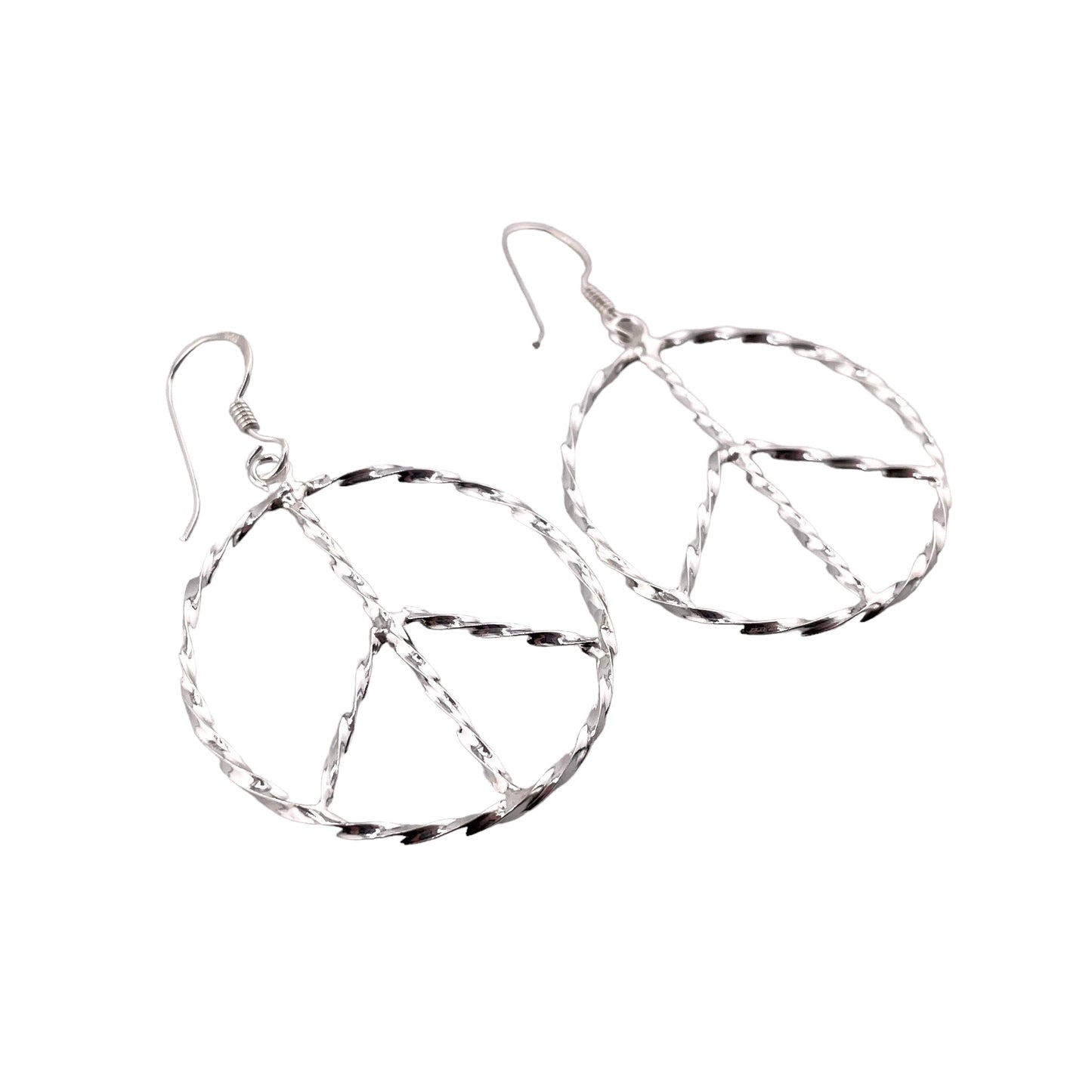 Peace Sign Diamond Cut Dangle Earrings Sterling Silver