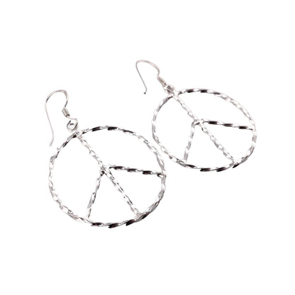 Peace Sign Diamond Cut Dangle Earrings Sterling Silver