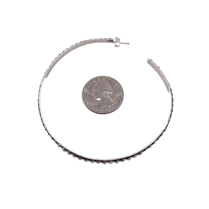Ball Dot Single Row Large Hoop Earrings Sterling Silver