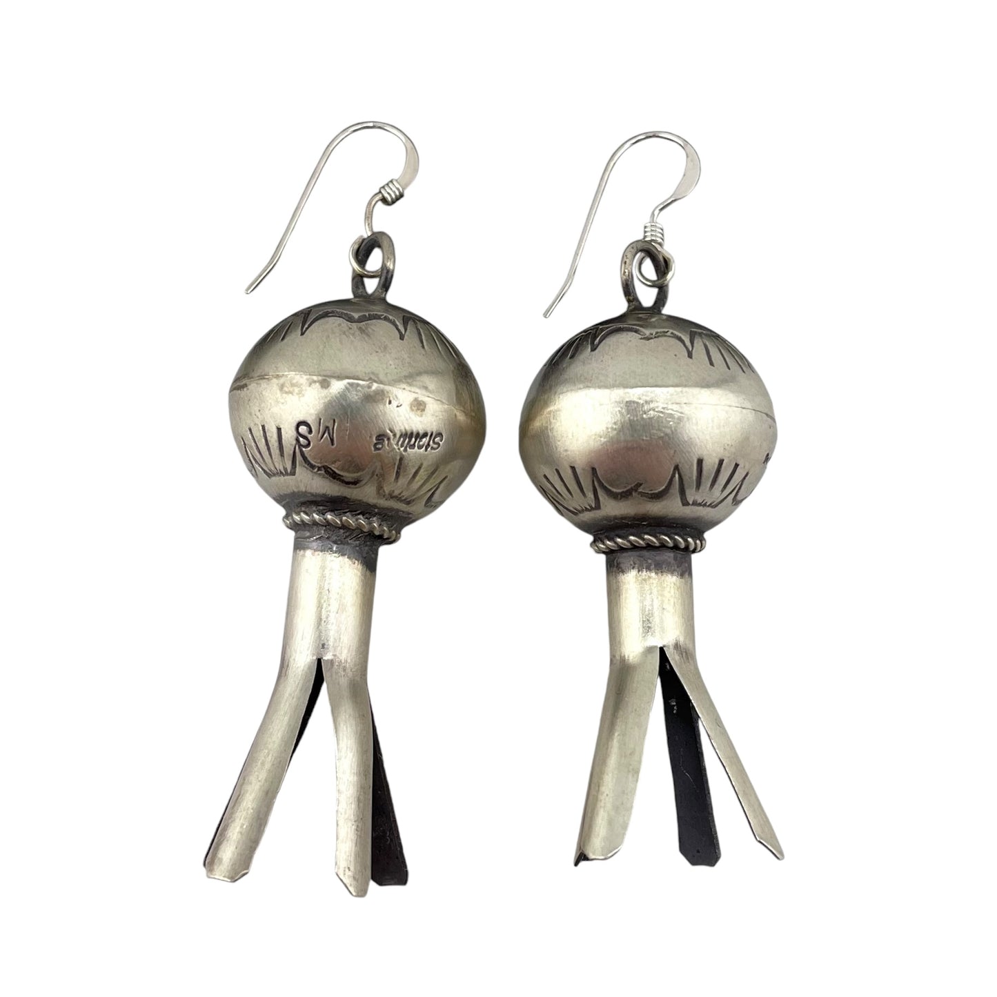 Monica Smith Navajo Imprinted Blossom Dangle Earrings Sterling Silver