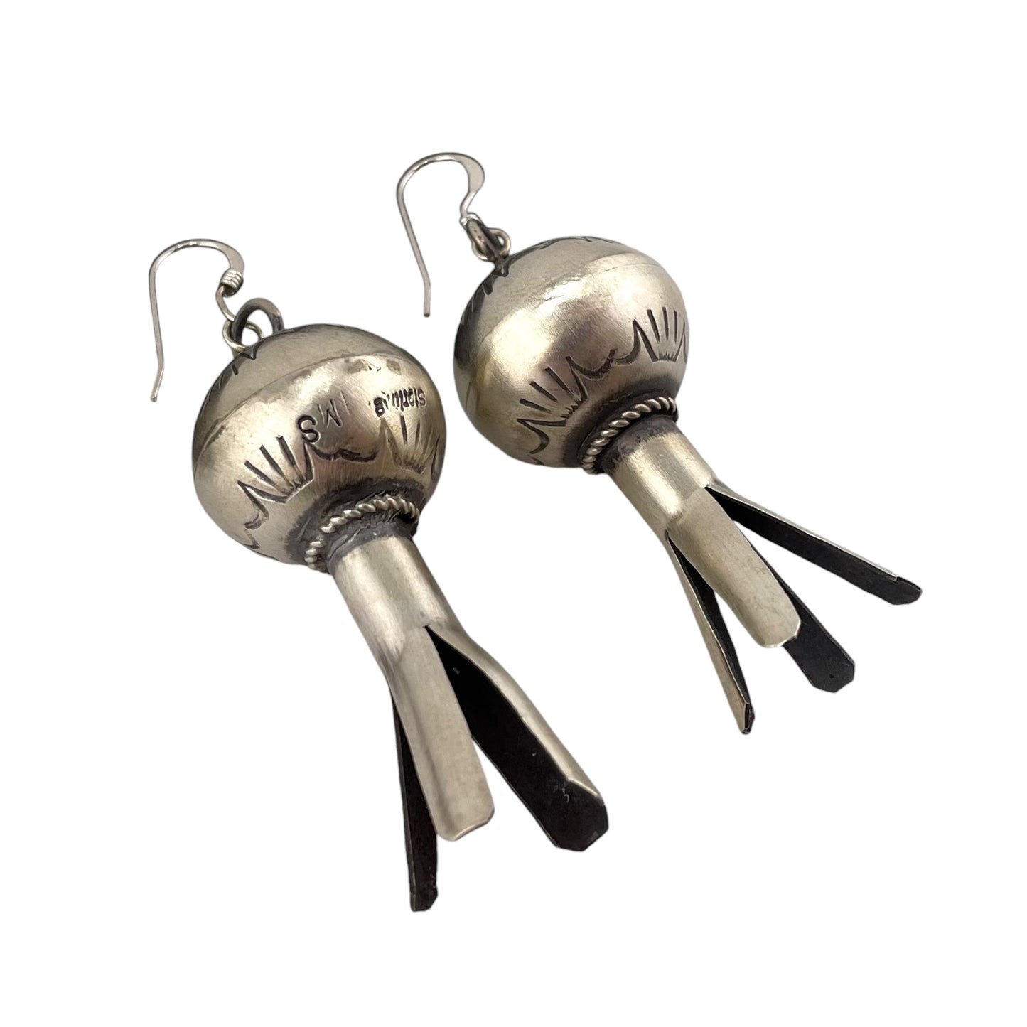 Monica Smith Navajo Imprinted Blossom Dangle Earrings Sterling Silver