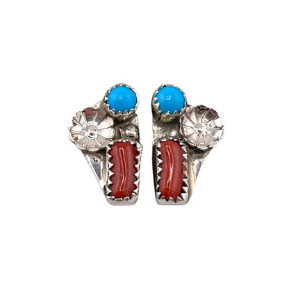 Turquoise & Coral Flower Navajo Earrings Sterling Silver