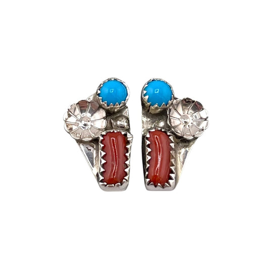 Turquoise & Coral Flower Navajo Earrings Sterling Silver