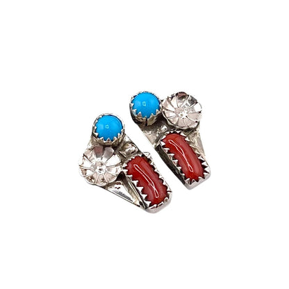 Turquoise & Coral Flower Navajo Earrings Sterling Silver