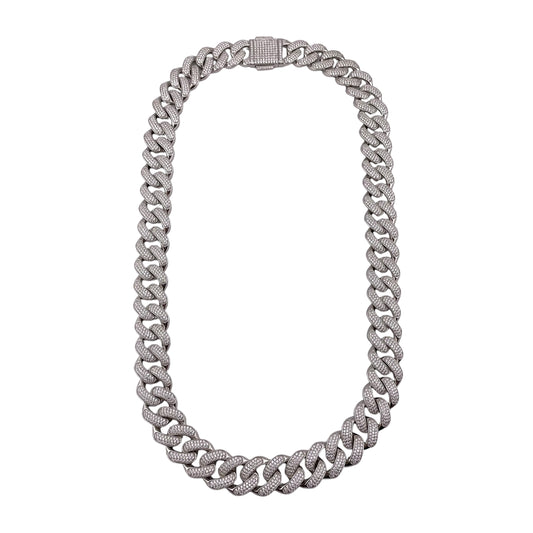 CZ Curb 17mm Rhodium Sterling Silver Chain Bracelet Necklace