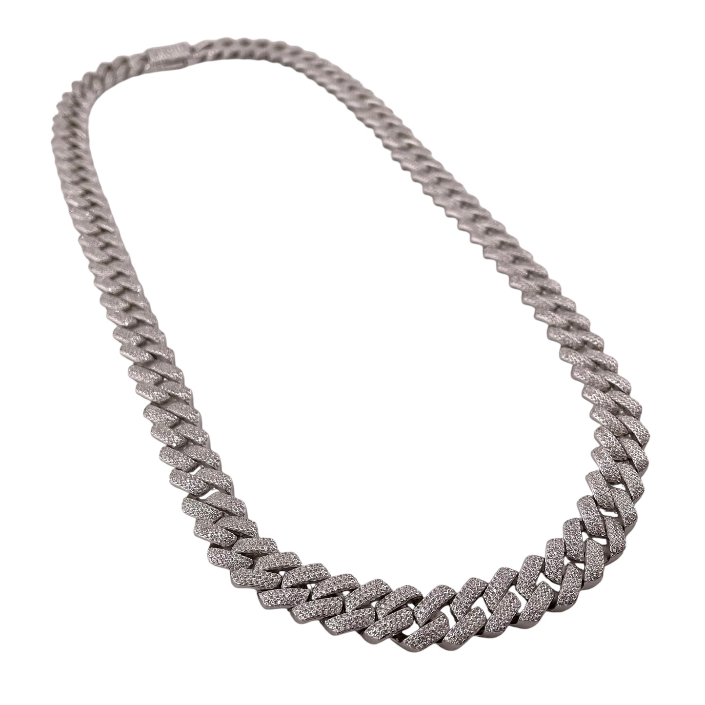 CZ Square Curb 12mm Rhodium Sterling Silver Chain Bracelet Necklace