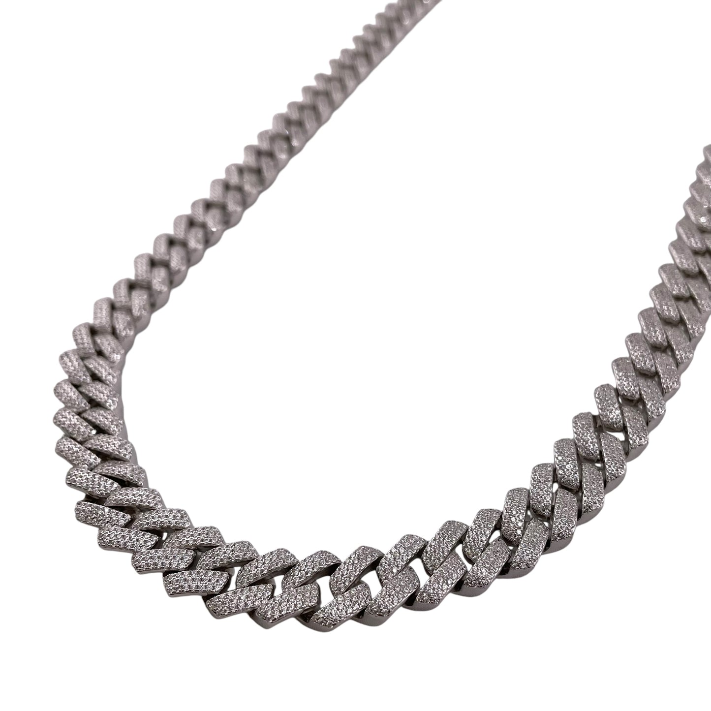 CZ Square Curb 12mm Rhodium Sterling Silver Chain Bracelet Necklace