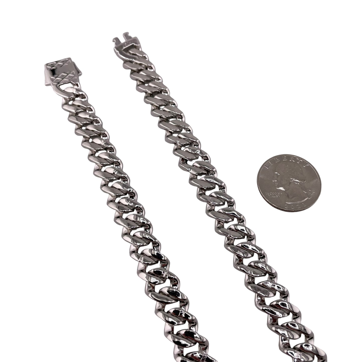 CZ Square Curb 12mm Rhodium Sterling Silver Chain Bracelet Necklace