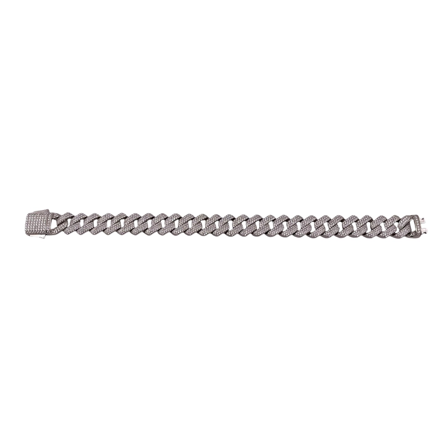 CZ Square Curb 12mm Rhodium Sterling Silver Chain Bracelet Necklace